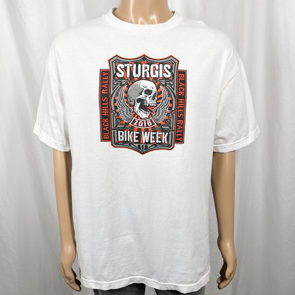 Hot Leathers Men's XL White Orange 2016 Sturgis Bike Week Skull Graphic T-Shirt